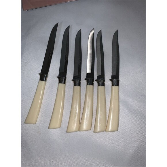 Vintage WASHINGTON FORGE 6 Steak Knife Set Stainless Butterscotch - Picture 5 of 9